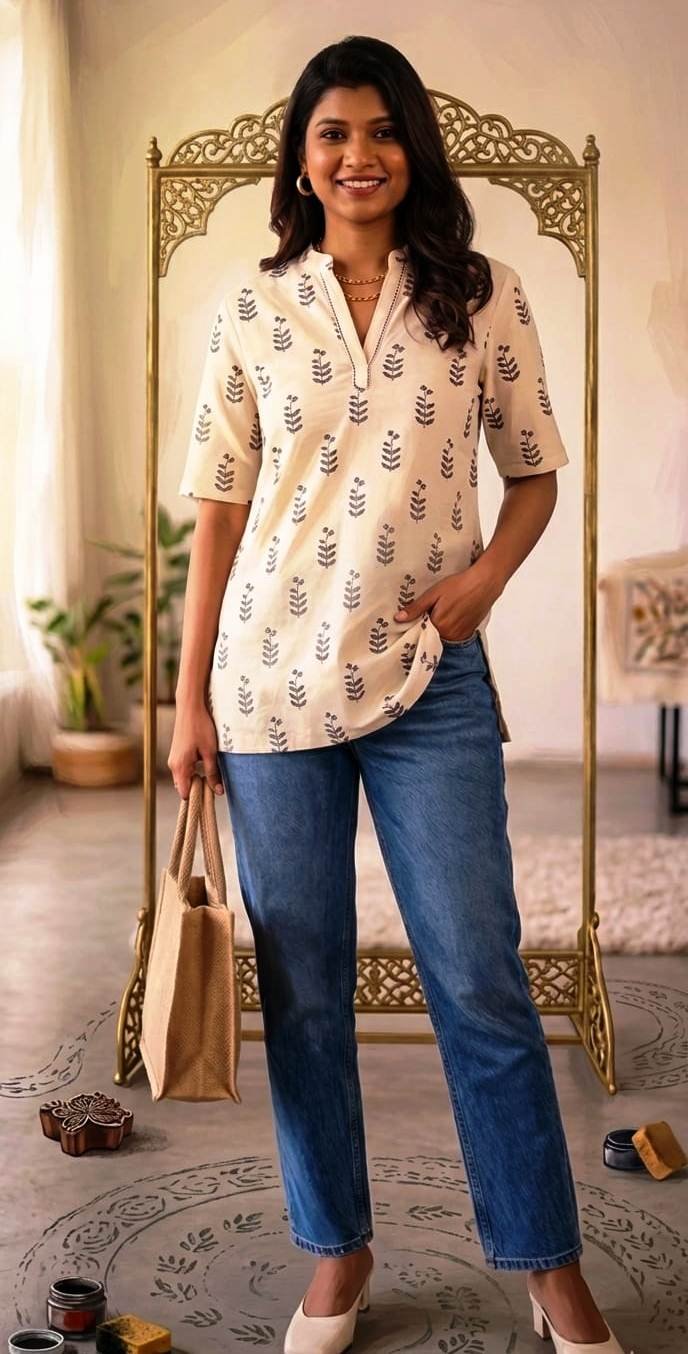 Elegant off-white printed short kurti